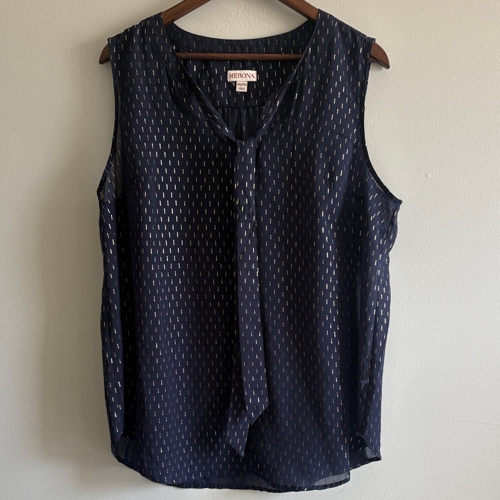 Merona Navy Tie Neck Blouse XXL Gold Dot Sleeveless Work Top